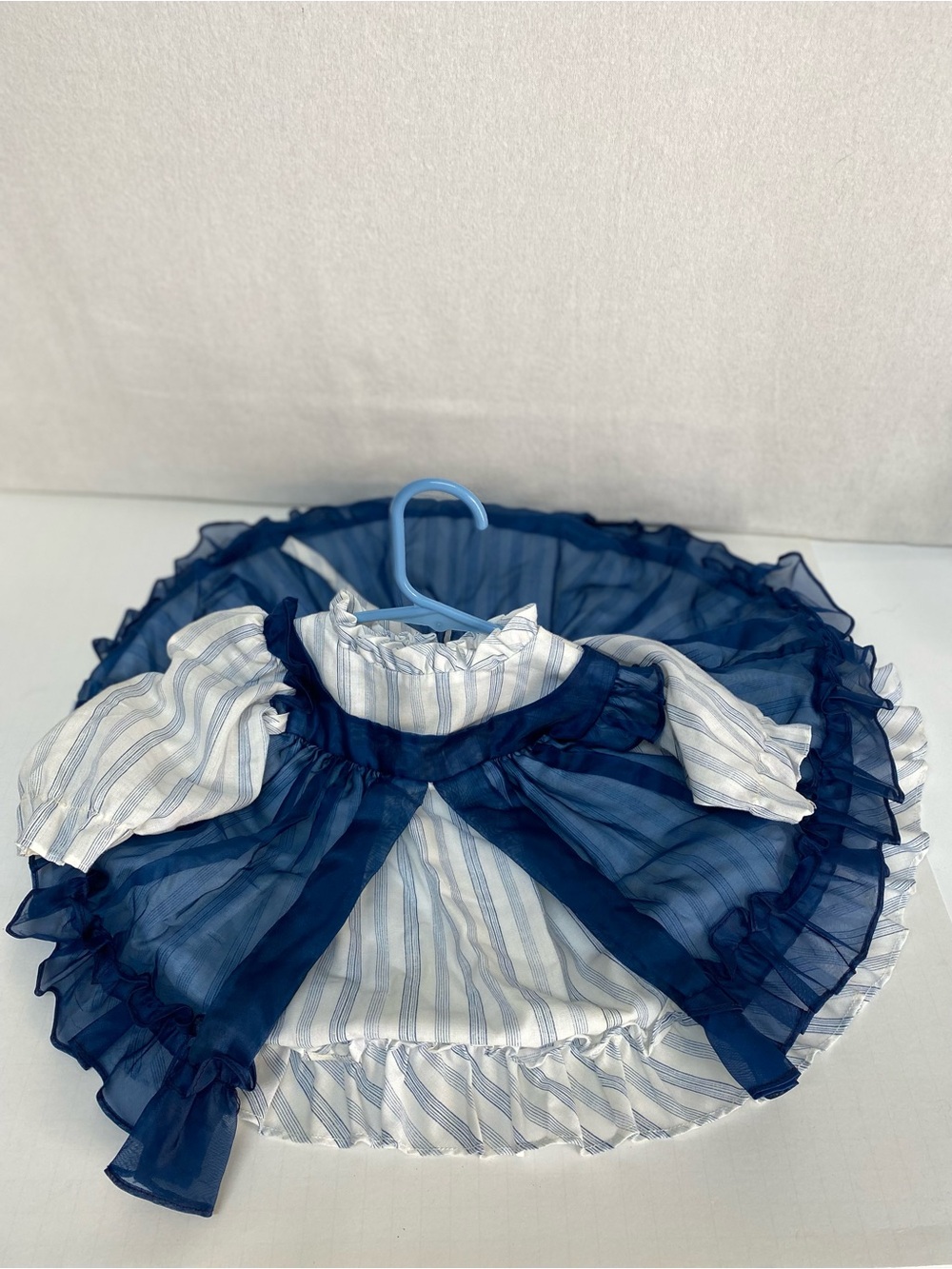 Martha's Miniature Vintage Pinafore Dress Large Blue White Striped Sheer Overlay